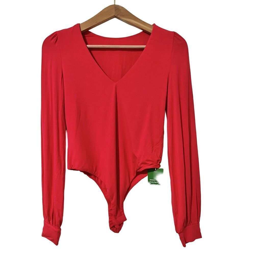 Halara V Neck Long Sleeve Button Work Bodysuit‎ Size M Rubicondo Red NEW